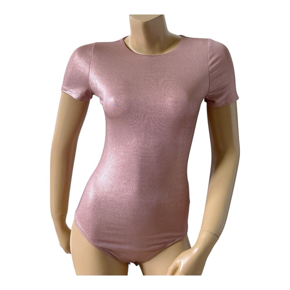 Express Bodysuit Womens XS Metallic Pink Short Sleeve Stretch Shimmer Top Club